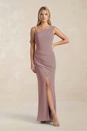 One-Shoulder Sheath Ruched Bridesmaid Dress With Slit in Dusty Rose | KISSBRIDAL