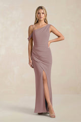 One-Shoulder Sheath Ruched Bridesmaid Dress With Slit in Dusty Rose | KISSBRIDAL