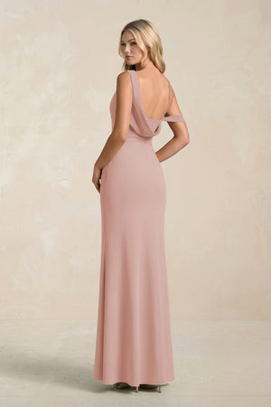 One-Shoulder Sheath Ruched Bridesmaid Dress With Slit in English Rose (2) | KISSBRIDAL