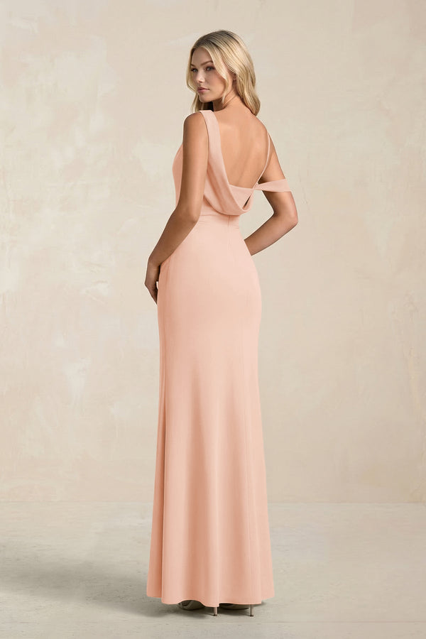 One - Shoulder Sheath Ruched Bridesmaid Dress With Slit in English Rose - SHE IS ME Bridesmaid Dresses