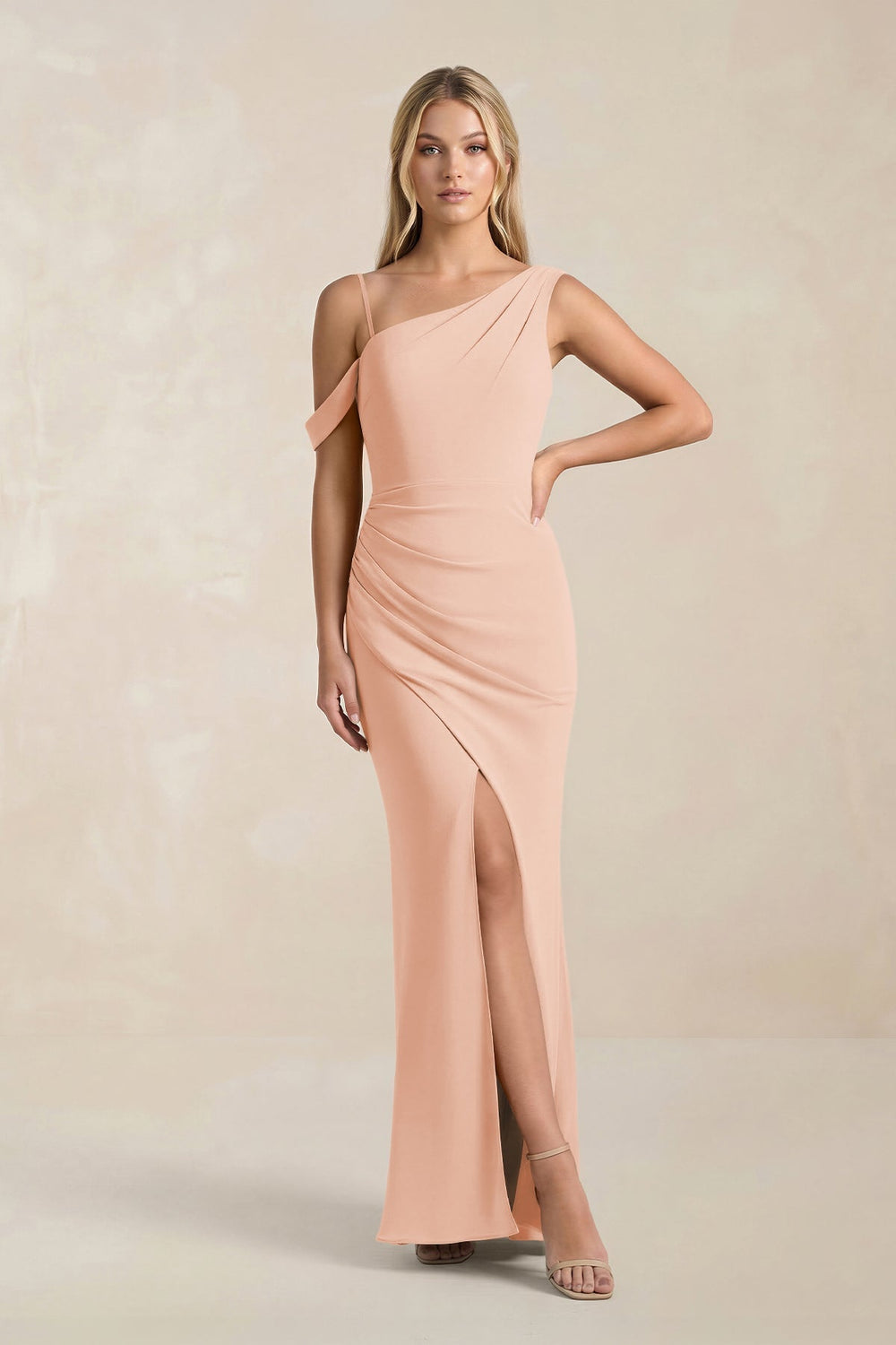 One - Shoulder Sheath Ruched Bridesmaid Dress With Slit in English Rose - KISS BRIDAL Bridesmaid Dresses