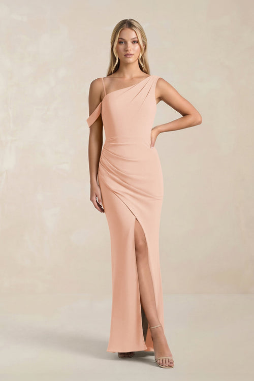 One - Shoulder Sheath Ruched Bridesmaid Dress With Slit in English Rose - SHE IS ME Bridesmaid Dresses