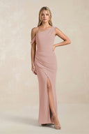 One-Shoulder Sheath Ruched Bridesmaid Dress With Slit in English Rose | KISSBRIDAL