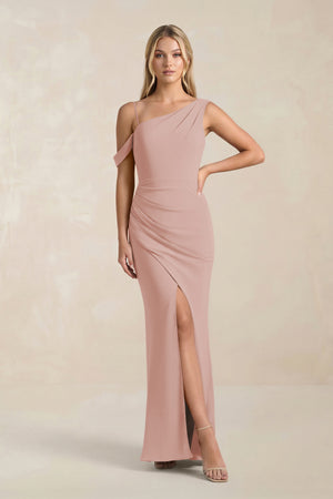 One-Shoulder Sheath Ruched Bridesmaid Dress With Slit in English Rose | KISSBRIDAL