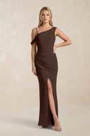 One - Shoulder Sheath Ruched Bridesmaid Dress With Slit in Espresso - SHE IS ME Bridesmaid Dresses