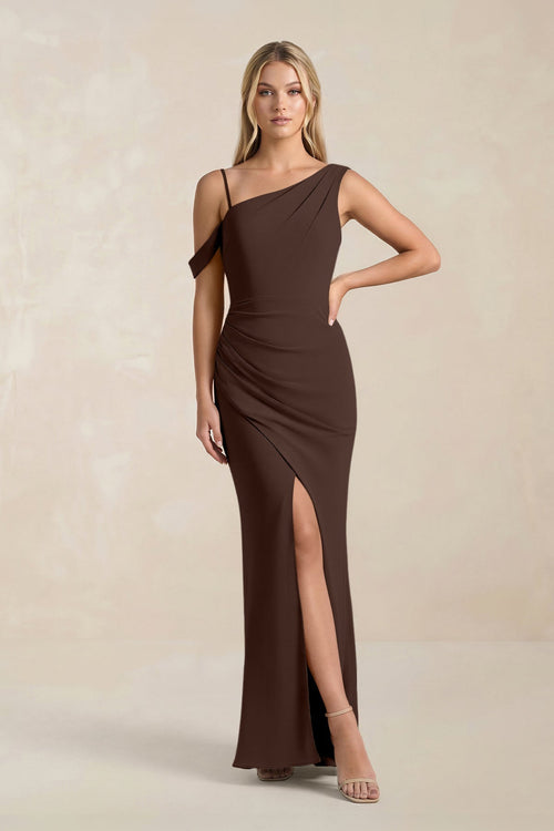 One - Shoulder Sheath Ruched Bridesmaid Dress With Slit in Espresso - SHE IS ME Bridesmaid Dresses