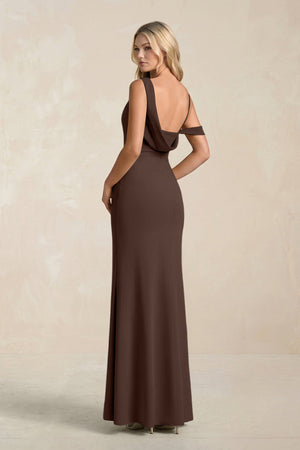 One - Shoulder Sheath Ruched Bridesmaid Dress With Slit in Espresso - SHE IS ME Bridesmaid Dresses