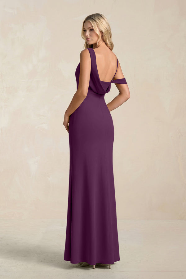 One-Shoulder Sheath Ruched Bridesmaid Dress With Slit in Fig (2) | KISSBRIDAL