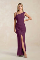 One - Shoulder Sheath Ruched Bridesmaid Dress With Slit in Fig - SHE IS ME Bridesmaid Dresses