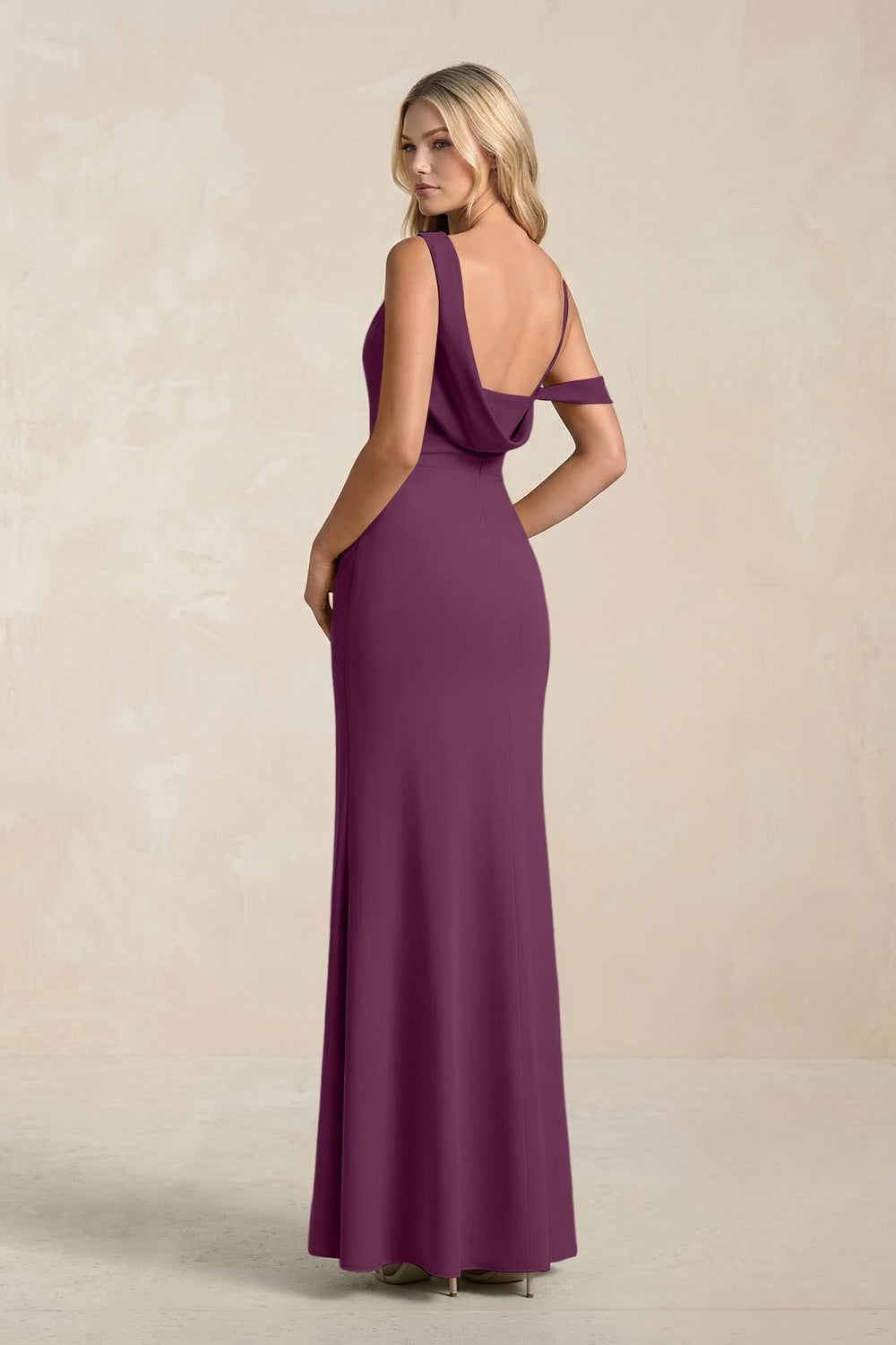 One - Shoulder Sheath Ruched Bridesmaid Dress With Slit in Fig - KISS BRIDAL Bridesmaid Dresses