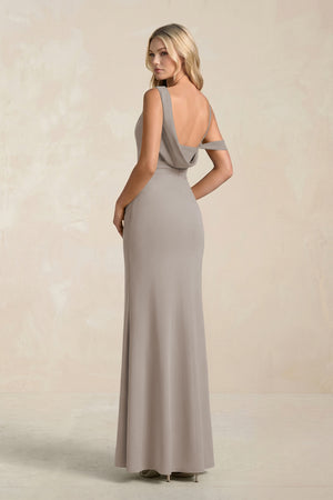 One-Shoulder Sheath Ruched Bridesmaid Dress With Slit in Frost (2) | KISSBRIDAL
