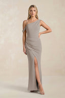 One-Shoulder Sheath Ruched Bridesmaid Dress With Slit in Frost | KISSBRIDAL