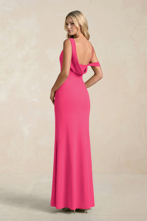 One-Shoulder Sheath Ruched Bridesmaid Dress With Slit in Fuchsia (2) | KISSBRIDAL
