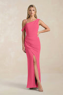 One - Shoulder Sheath Ruched Bridesmaid Dress With Slit in Fuchsia - SHE IS ME Bridesmaid Dresses
