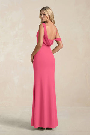 One - Shoulder Sheath Ruched Bridesmaid Dress With Slit in Fuchsia - SHE IS ME Bridesmaid Dresses