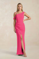One-Shoulder Sheath Ruched Bridesmaid Dress With Slit in Fuchsia | KISSBRIDAL