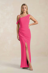 One-Shoulder Sheath Ruched Bridesmaid Dress With Slit in Fuchsia | KISSBRIDAL
