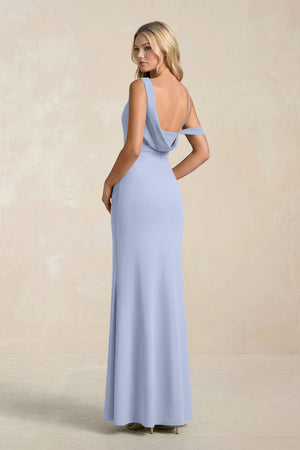 One-Shoulder Sheath Ruched Bridesmaid Dress With Slit in Ice (2) | KISSBRIDAL