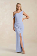 One-Shoulder Sheath Ruched Bridesmaid Dress With Slit in Ice | KISSBRIDAL