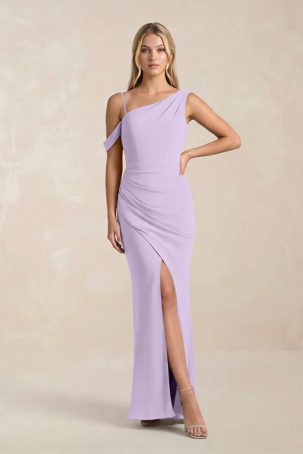 One - Shoulder Sheath Ruched Bridesmaid Dress With Slit in Lavender - KISS BRIDAL Bridesmaid Dresses