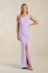 One - Shoulder Sheath Ruched Bridesmaid Dress With Slit in Lavender - KISS BRIDAL Bridesmaid Dresses