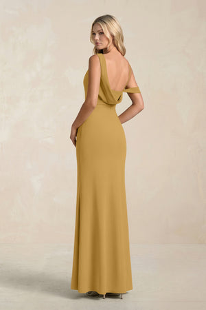 One-Shoulder Sheath Ruched Bridesmaid Dress With Slit in Marigold (2) | KISSBRIDAL