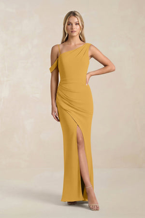 One - Shoulder Sheath Ruched Bridesmaid Dress With Slit in Marigold - SHE IS ME Bridesmaid Dresses