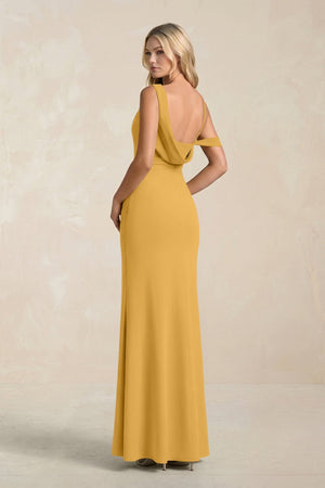 One - Shoulder Sheath Ruched Bridesmaid Dress With Slit in Marigold - SHE IS ME Bridesmaid Dresses