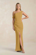 One-Shoulder Sheath Ruched Bridesmaid Dress With Slit in Marigold | KISSBRIDAL