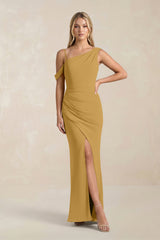 One-Shoulder Sheath Ruched Bridesmaid Dress With Slit in Marigold | KISSBRIDAL