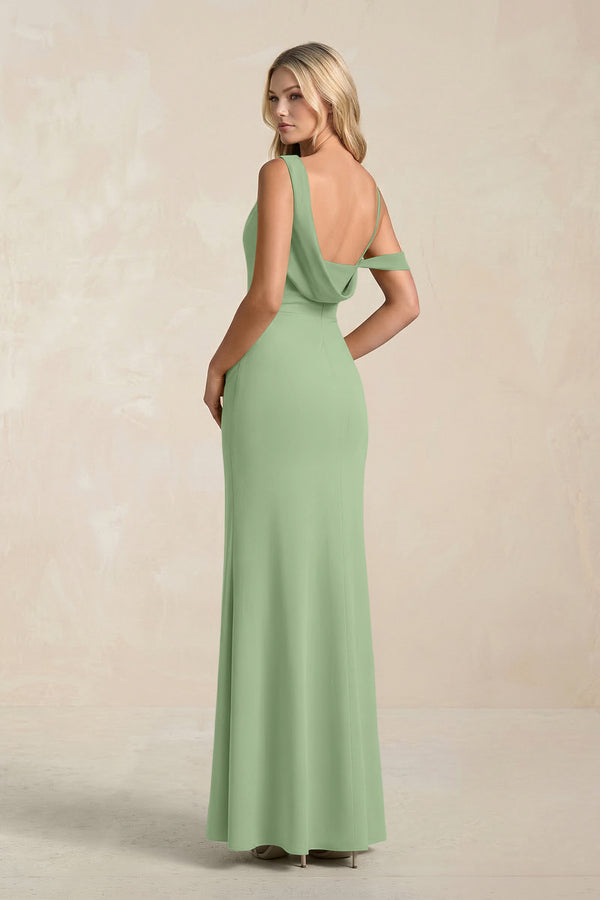 One-Shoulder Sheath Ruched Bridesmaid Dress With Slit in Matcha (2) | KISSBRIDAL