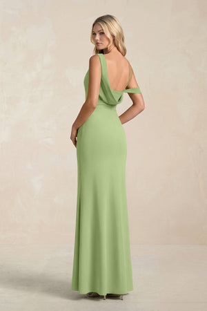 One - Shoulder Sheath Ruched Bridesmaid Dress With Slit in Matcha - SHE IS ME Bridesmaid Dresses