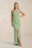 One-Shoulder Sheath Ruched Bridesmaid Dress With Slit in Matcha | KISSBRIDAL