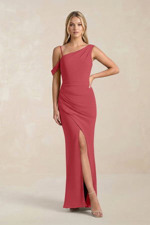 One - Shoulder Sheath Ruched Bridesmaid Dress With Slit in Merlot - SHE IS ME Bridesmaid Dresses