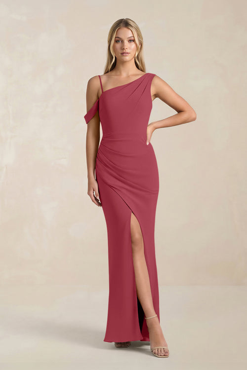 One-Shoulder Sheath Ruched Bridesmaid Dress With Slit in Merlot | KISSBRIDAL