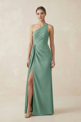 One - Shoulder Sheath Ruched Bridesmaid Dress With Slit in Mint Green - KISS BRIDAL Bridesmaid Dresses