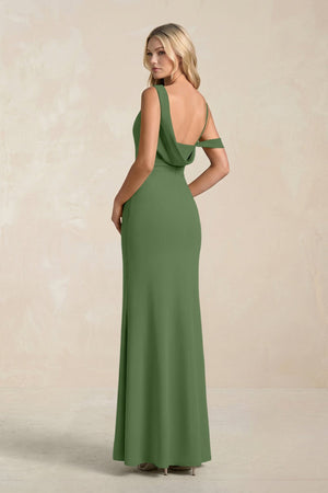 One - Shoulder Sheath Ruched Bridesmaid Dress With Slit in Moss - SHE IS ME Bridesmaid Dresses