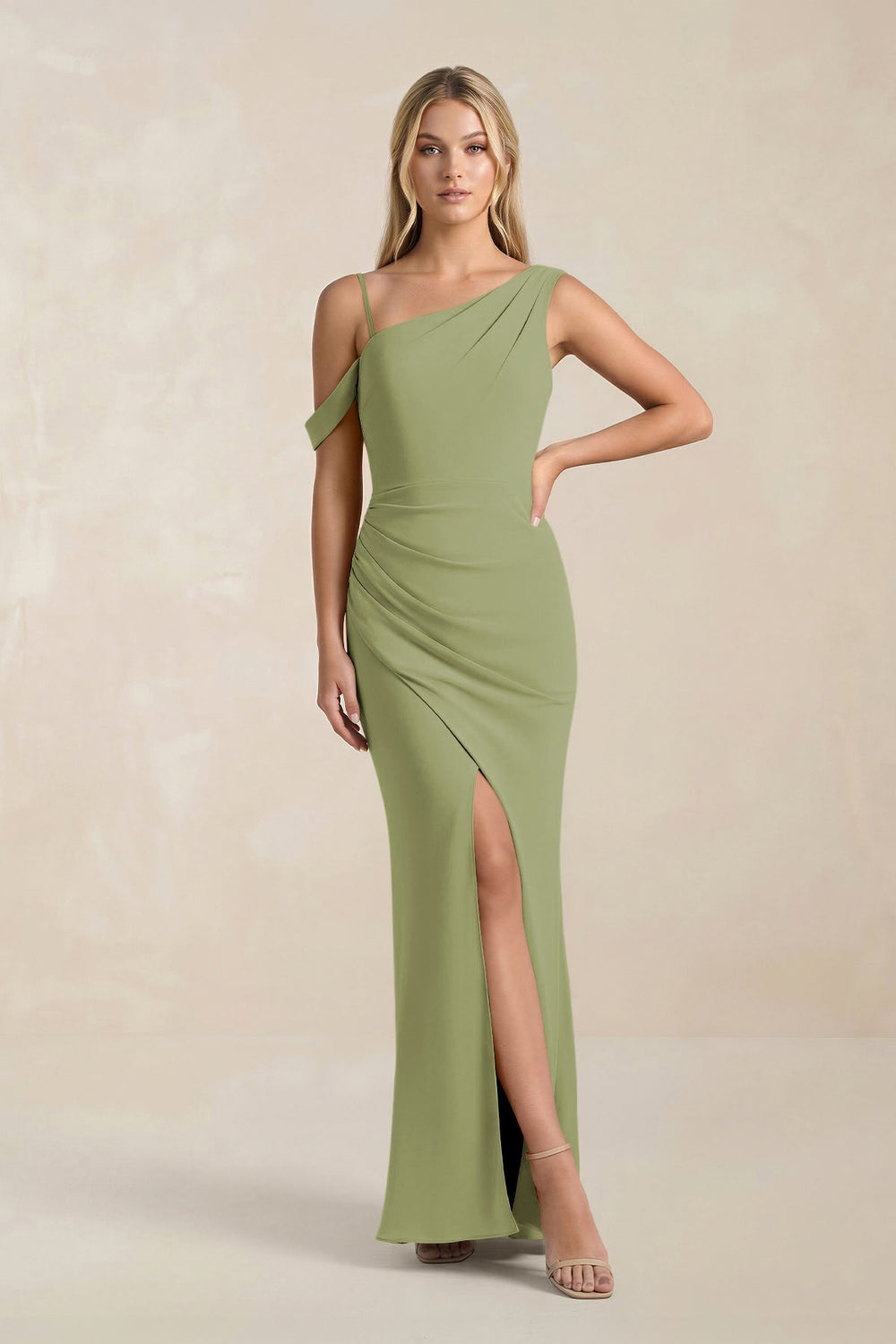 One - Shoulder Sheath Ruched Bridesmaid Dress With Slit in Moss Green - KISS BRIDAL Bridesmaid Dresses