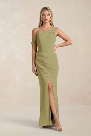 One-Shoulder Sheath Ruched Bridesmaid Dress With Slit in Moss Green | KISSBRIDAL