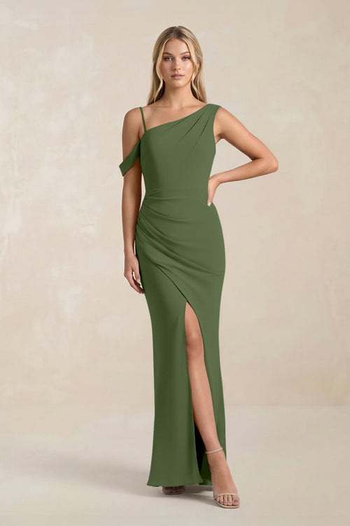 One-Shoulder Sheath Ruched Bridesmaid Dress With Slit in Moss | KISSBRIDAL