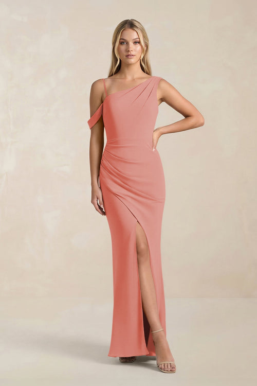 One - Shoulder Sheath Ruched Bridesmaid Dress With Slit in Mulberry - SHE IS ME Bridesmaid Dresses
