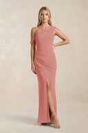 One-Shoulder Sheath Ruched Bridesmaid Dress With Slit in Mulberry | KISSBRIDAL