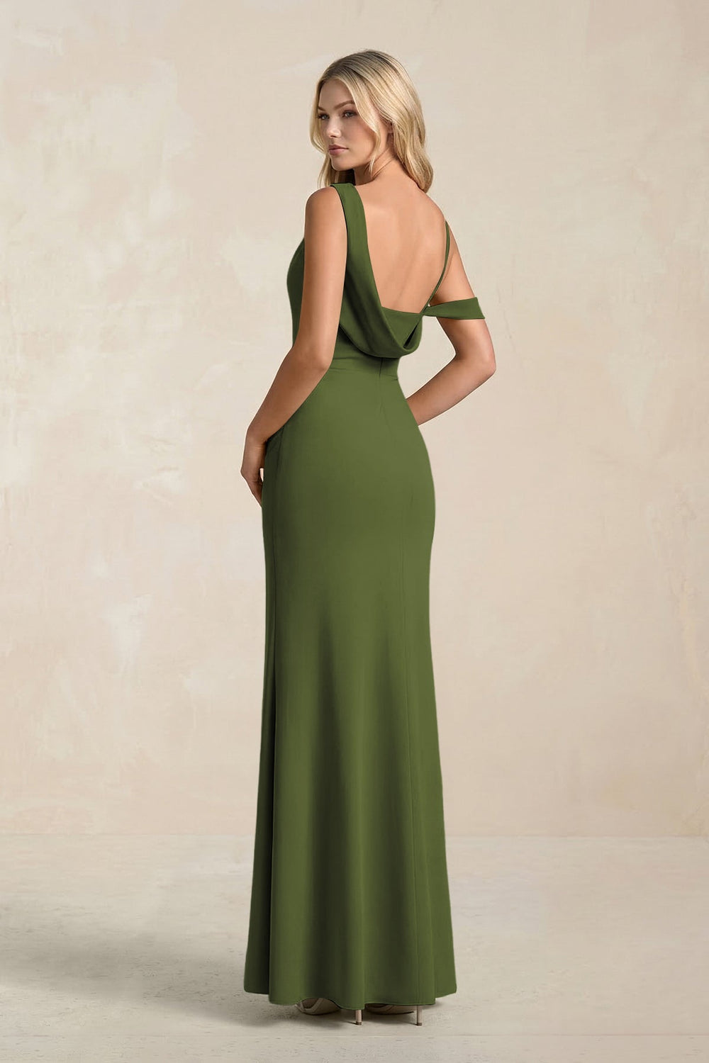 One - Shoulder Sheath Ruched Bridesmaid Dress With Slit in Olive - KISS BRIDAL Bridesmaid Dresses
