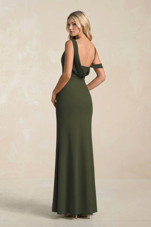 One-Shoulder Sheath Ruched Bridesmaid Dress With Slit in Olive (2) | KISSBRIDAL