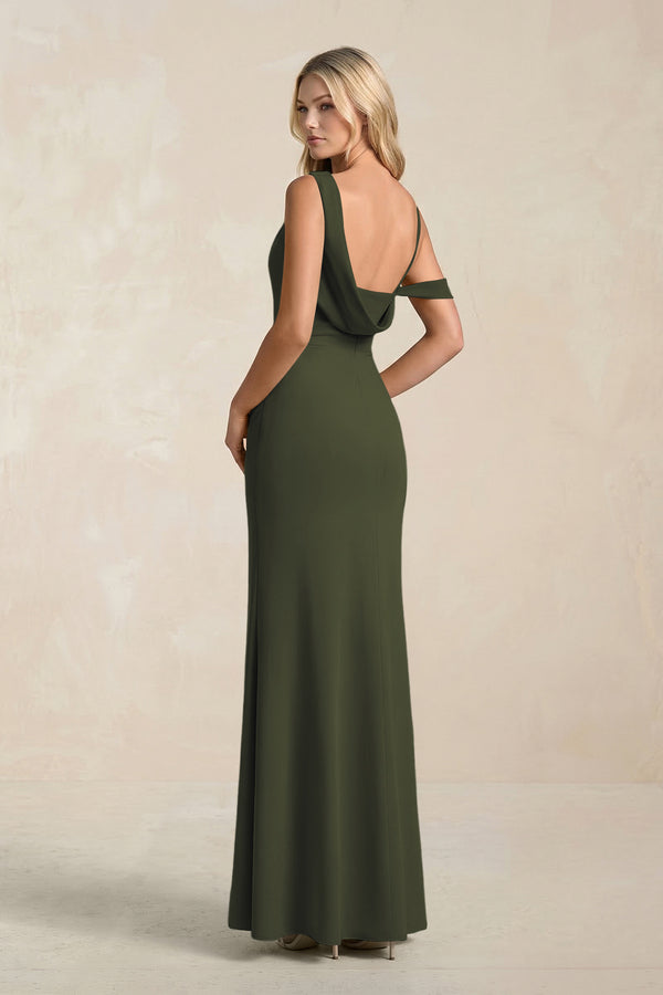 One-Shoulder Sheath Ruched Bridesmaid Dress With Slit in Olive (2) | KISSBRIDAL