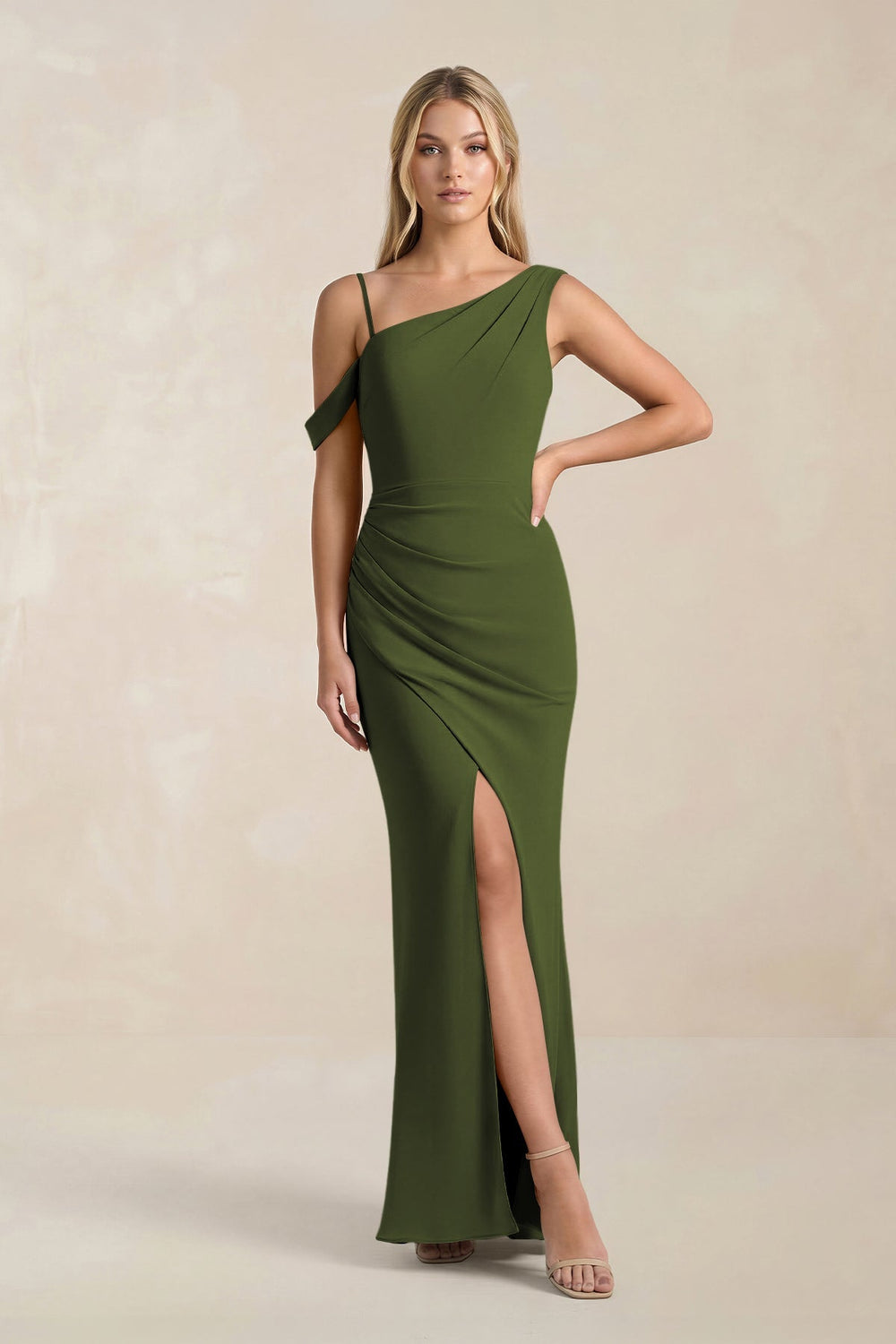 One - Shoulder Sheath Ruched Bridesmaid Dress With Slit in Olive - KISS BRIDAL Bridesmaid Dresses