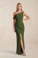 One - Shoulder Sheath Ruched Bridesmaid Dress With Slit in Olive - SHE IS ME Bridesmaid Dresses