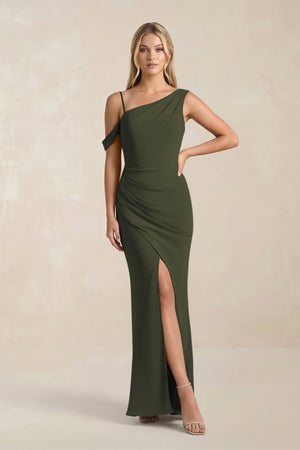 One-Shoulder Sheath Ruched Bridesmaid Dress With Slit in Olive | KISSBRIDAL