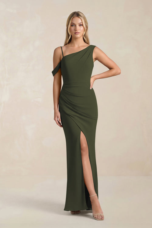 One-Shoulder Sheath Ruched Bridesmaid Dress With Slit in Olive | KISSBRIDAL