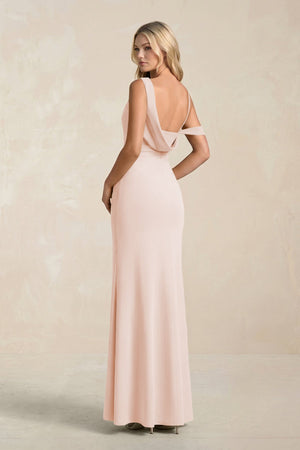 One - Shoulder Sheath Ruched Bridesmaid Dress With Slit in Pale Blush - SHE IS ME Bridesmaid Dresses